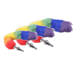 Displaying an image of Rainbow-Colored Metallic Cat Tail Plug offering a variety of sizes and shapes for diverse preferences.