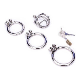 This is an image of the stainless steel Picky Pecker Chastity Device with three ring diameters.