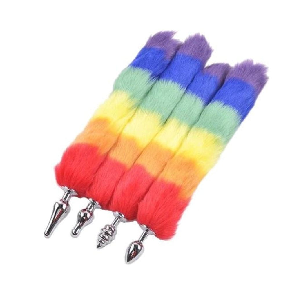 Check out an image of Rainbow-Colored Metallic Cat Tail Plug with faux fur rainbow tail and metallic plug designs.