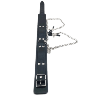 Displaying an image of Slave Fantasy BDSM Nipple Clamps with a black choker and silver clamps, offering versatility and a unique blend of fashion and fetish.