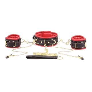 You are looking at an image of Captivity Chains Nipple Clamp Bondage set featuring a plush leather collar, bondage cuffs, and metal clamps for thrilling sensations.