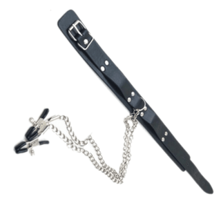 You are looking at an image of Slave Fantasy BDSM Nipple Clamps featuring a choker made of high-quality PU leather and metal components for comfort and cleanliness.