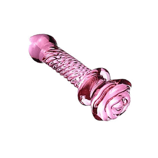 This is an image of Seductive Pink Glass 6.3 Inch Rose Dildo featuring a disc-shaped base for safe vaginal or anal stimulation.