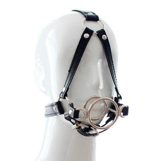 Featuring an image of Stainless Throat Oral Bondage Harness showcasing the multi-strap head harness and double O-ring gag for intense pleasure and control.