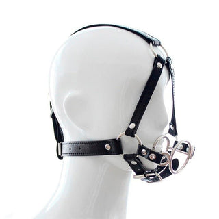This is an image of Stainless Throat Oral Bondage Harness featuring the top-grade PU leather harness and metal ring gag designed for comfort and safety during intimate play.