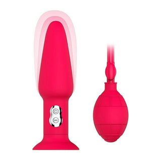 An image showing the unique design of the Premium plug Inflatable Vibrator, featuring a tapered tip, slender neck, and flared base for safe play.