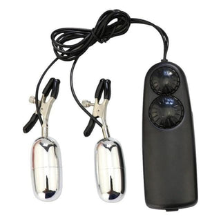 This is an image of the compact design of Sensation Overload Vibrating Clamps, showcasing the remote control and vibrator dimensions.