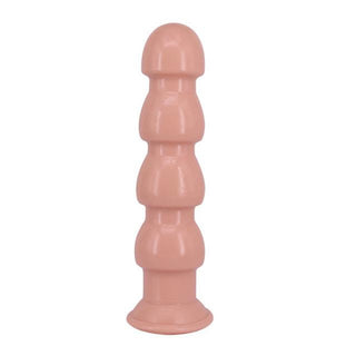 Handsfree Masturbation Suction Cup Beads in flesh color made of silicone material with a total length of 9.25 inches and varying bead sizes from 1.57 to 1.97 inches.