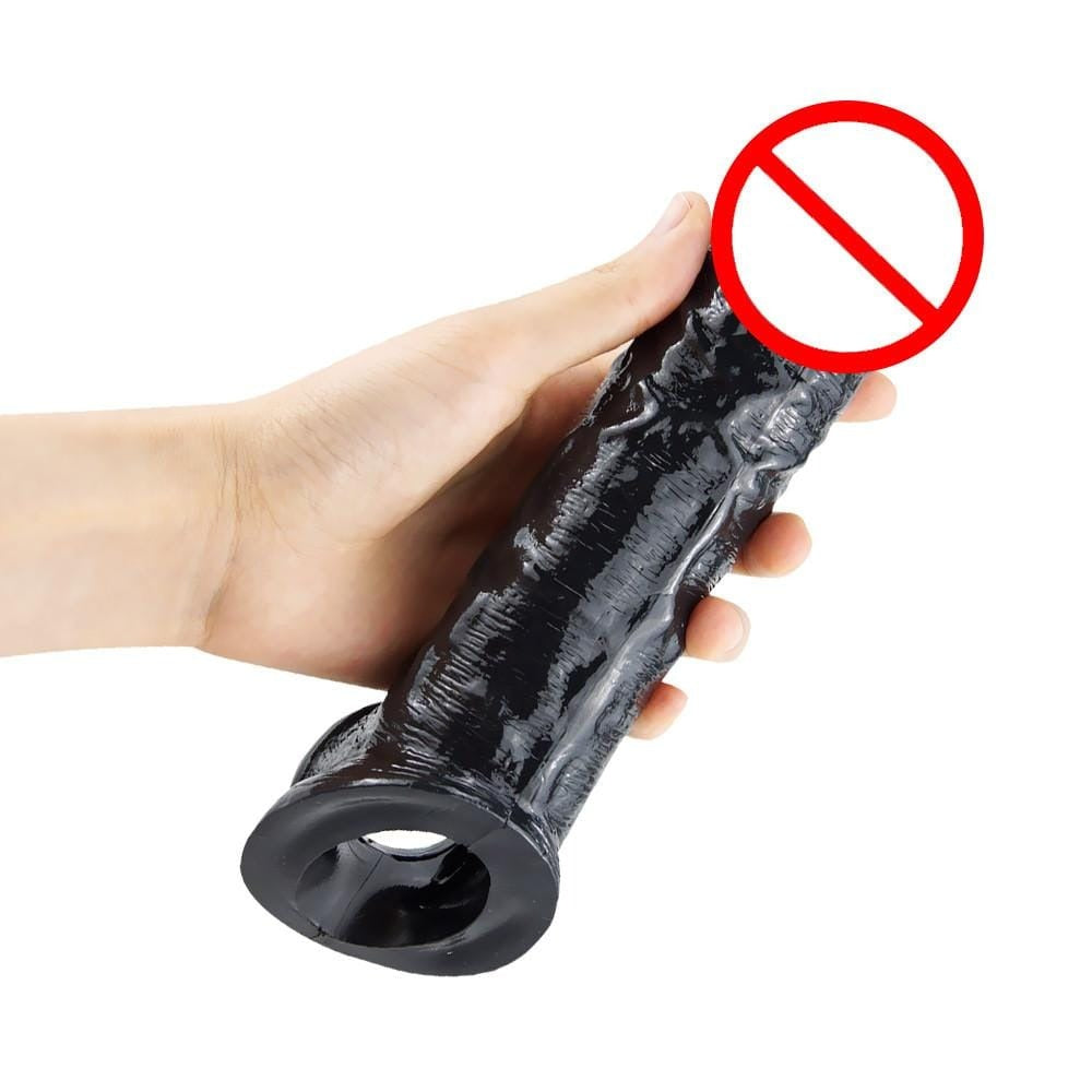 A black Mandingo Fulfillment Realistic Penis Extender Sleeve made from high-grade silicone for luxurious comfort.
