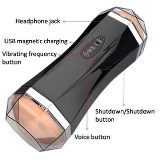 Observe an image of the voice button and headphone jack for privacy in the Rechargeable Vibrating Blowjob Dual Options Auto Male Masturbator