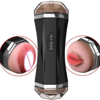 An image showcasing the 9.06 length and 3.15 width of the Rechargeable Vibrating Blowjob Dual Options Auto Male Masturbator