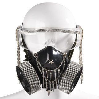 Steampunk Gas BDSM Gear mask with dual valves, chains, and star accent for dominance and elegance.