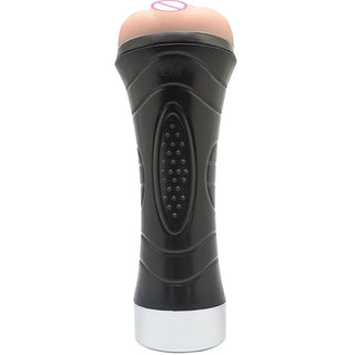 Presenting an image of USB Rechargeable 12-Mode Thruster Vibrating Blowjob Machine Automatic Male Masturbator Sex Toy with a textured surface and surprise vibrating button.