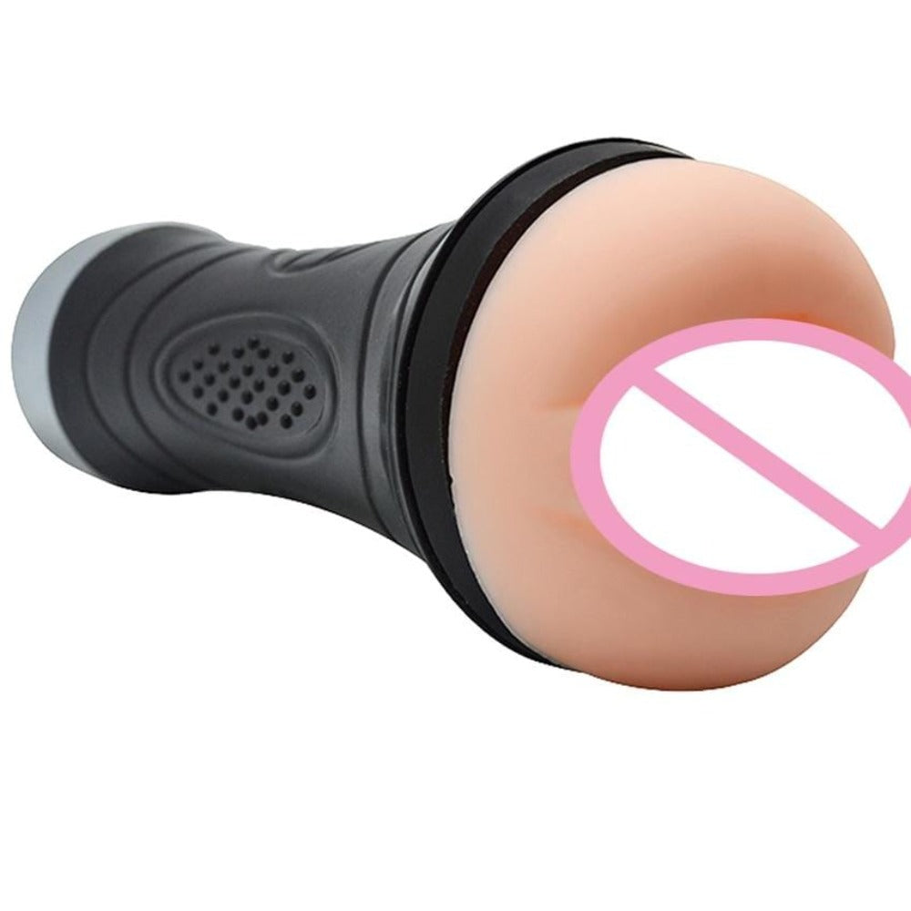 Displaying an image of USB Rechargeable 12-Mode Thruster Vibrating Blowjob Machine Automatic Male Masturbator Sex Toy with dimensions of 9.84 inches in length and 3.54 inches cap width.