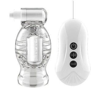 Featuring an image of Wireless Blowjob Trainer Automatic Male Stroker in Transparent Black and Clear colors.