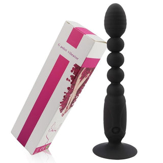 Featuring an image of Intense Anal Bead Vibrator in rose red color with silicone material, 7.87 inches total length, and 2.28 inches suction cup.