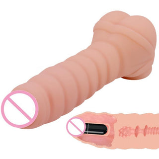 Here is an image of Ribbed Silicone Penis Vibrator for Men in flesh color, crafted from soft and flexible silicone material.