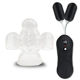 Observe an image of Glans Trainer Hands Free Stroker Male Sex Toy Orgasmic Blowjob with dual egg vibrators for intense stimulation.