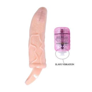 Close-up of Veiny Texture Extender Vibrating Penis Sleeve showing veiny texture and tapered tip.