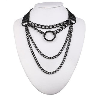 This is an image of Kinky Temptations Necklace Chain with Bondage Choker, highlighting its adjustable belt and versatility for wild adventures.
