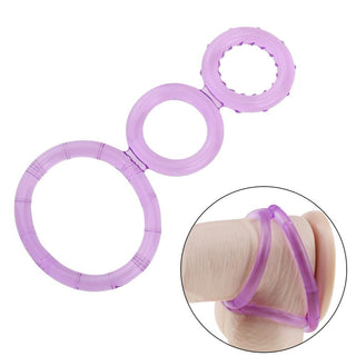 Pictured here is an image of silicone triple rings with a length of 5.12 inches and a diameter of 0.94 inches for the rings and 1.77 inches for the ball ring.