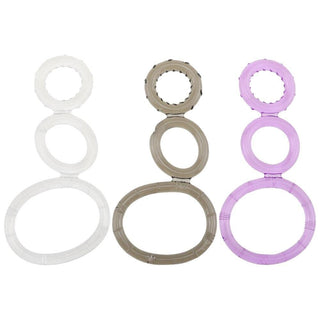 Observe an image of Harder Erections Silicone Triple Ring in transparent, purple, or black color, made of silicone material.