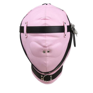 Observe an image of Hardcore Leather Mask in pink and black PU leather with adjustable straps and metal eyelets.