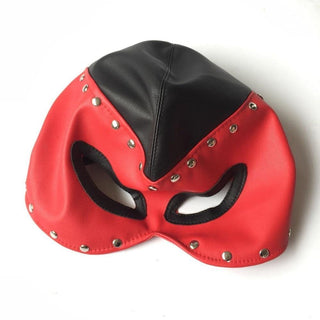 An image showcasing the adjustable fit of the Naughty Villain Leather Mask with eye cutouts and rebellious charm.