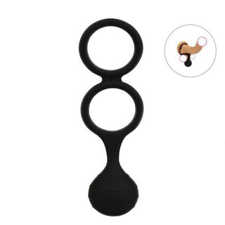 Feast your eyes on an image of the black Silicone Penis Ring Trainer with dimensions of 5.91 inches length, 0.23 inch thickness, and dual-ring diameters.