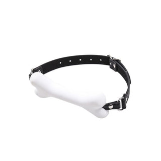 Pictured here is an image of the Pet-Friendly White Gag Mouth with adjustable strap and white silicone bone for animalistic role-play.