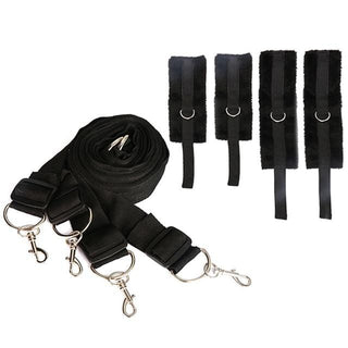 Bedroom games under bed restraints set with plush handcuffs, ankle cuffs, and adjustable straps for intimate play.
