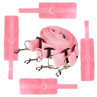 Metal D-ring and swivel hook restraints for diverse scenarios and positions in bedroom play.