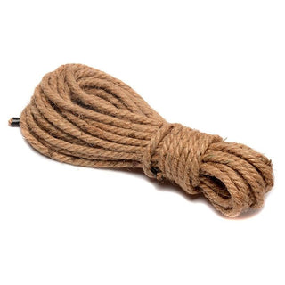 Observe an image of the Light Brown No Frills Hemp Bondage Rope 10 Meters for Beginners, emphasizing its 393.7-inch length and organic feel against the skin.