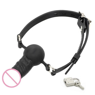 You are looking at an image of Lockable Black Mouth Gag with lifelike black penis attached, ideal for kinky play.