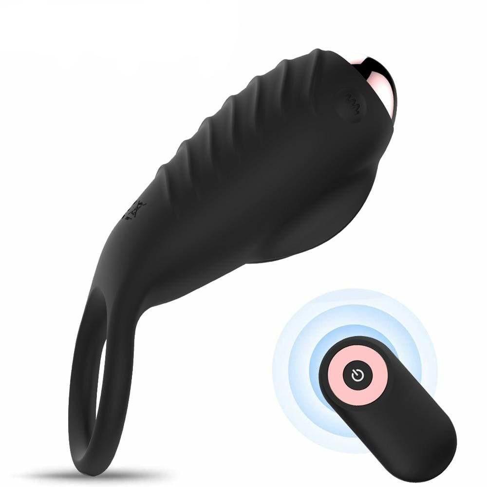 Here is an image of Rechargeable 10-Speed Wireless Ring in black silicone material with ribbed design for enhanced pleasure.