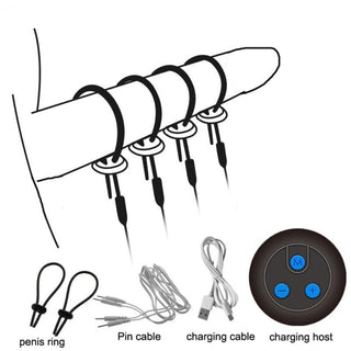 Black silicone penis rings with remote control for electric shock therapy.