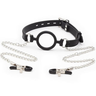 Presenting an image of Oral Bondage Gear showcasing a ring gag with metal chains and clamps for enhanced control and pleasure.