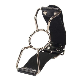 This is an image of Spider Gag Mouth with adjustable strap and metal rings for versatile restraint and pleasure.