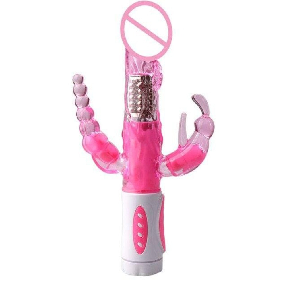 Pictured here is an image of Triple Orgasm Bunny Vibrator highlighting its synchronized rotation and vibration feature.