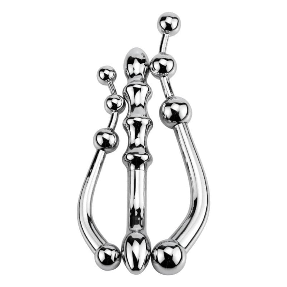Featuring an image of Prostate Magic Metal Balls Plug with three spherical beads for enhanced pleasure.