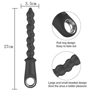 View the specifications of Shake My Ass Vibrating Anal Beads, including its black color, silicone material, and dimensions for a unique dance of pleasure.