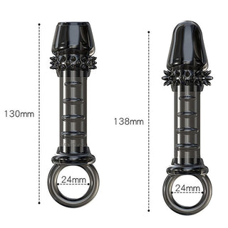 Thorny Extender Bionic Cock Sheath With Balls - Specifications: Black color, TPR material, length variants, and ball ring diameter