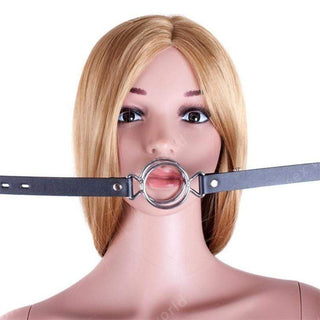 Presenting an image of Deep Throat Mouth Gag, a sleek and elegant BDSM tool with adjustable leather straps and sturdy metal rings for uninterrupted play sessions.