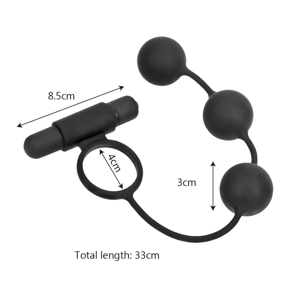 Presenting an image of the Foreplay Ally 10-Speed Vibrating Sex Beads specifications, including the dimensions of the toy and its materials for a comprehensive understanding of the product.