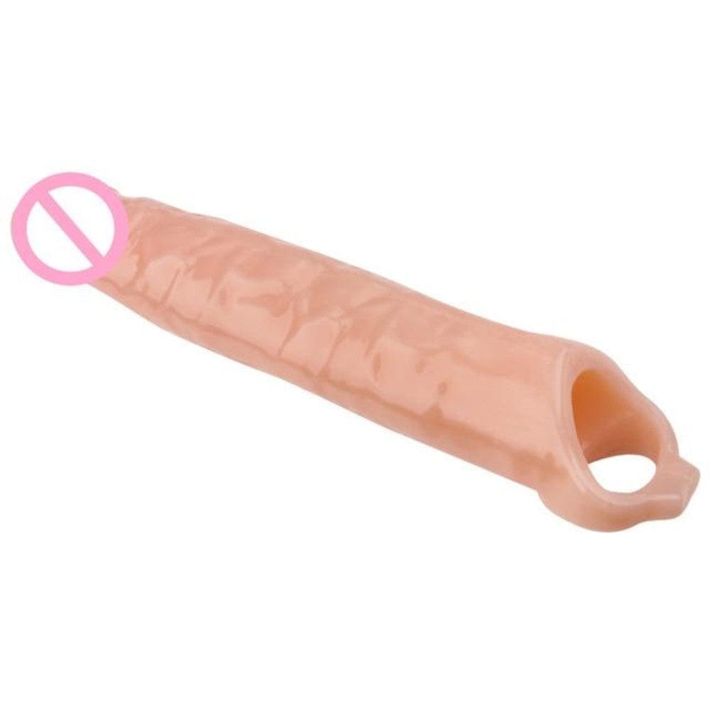 Featuring an image of Intimacy-Enhancing Huge Realistic Cock Sleeve Extension in flesh color with a realistic tip for added pleasure.