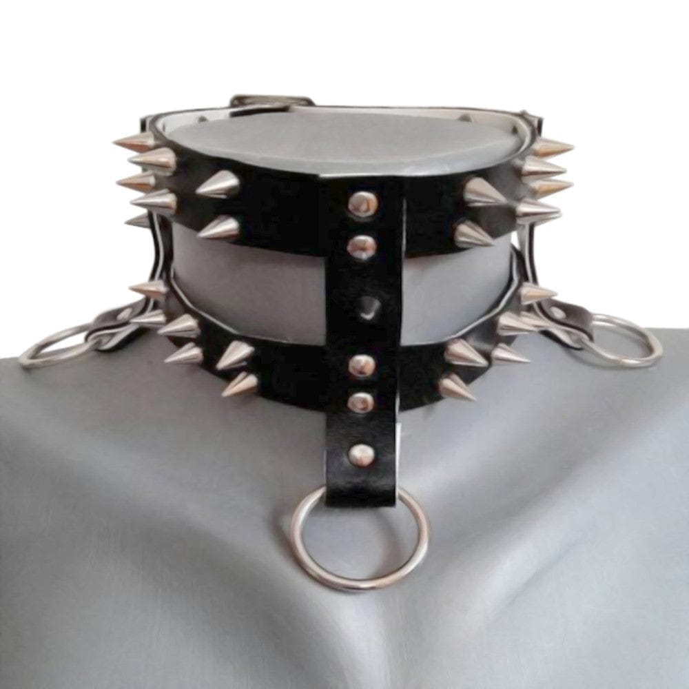 Spiky Kinky Hardcore Jewelry Bondage Collar for Submissives - Bold black leather collar with intricate spikes and straps for pet play.