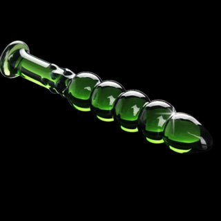Take a look at an image of Polished Green Anal Beads, a sleek glass creation with five uniform beads for intense pleasure experiences.