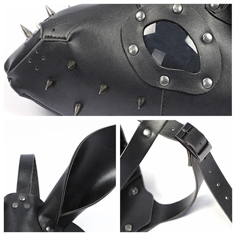 High-quality Black Synthetic Leather Hardcore Bunny Bdsm Gas Mask with spiked whiskers.