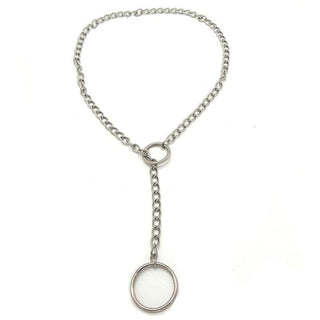 This is an image of Silver Discreet Choker Necklace for Day Wear with Chain - a statement piece with a dual-ring design and large O-ring.