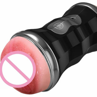 An image depicting the self-lubricating function and 18 vibration modes of the 18-Modes Hands Free Self Lubricating Masturbation Thrusting Pocket Pussy Toy Sex.